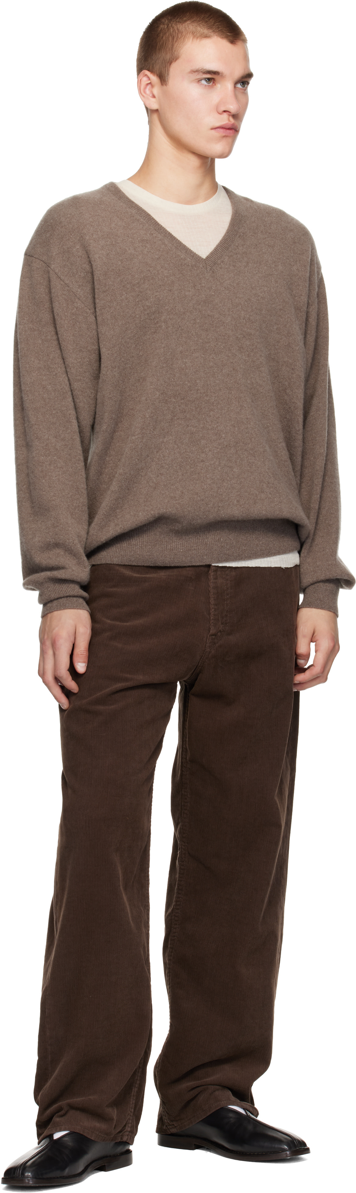 ssstein - Pull taupe en cachemire à col en V