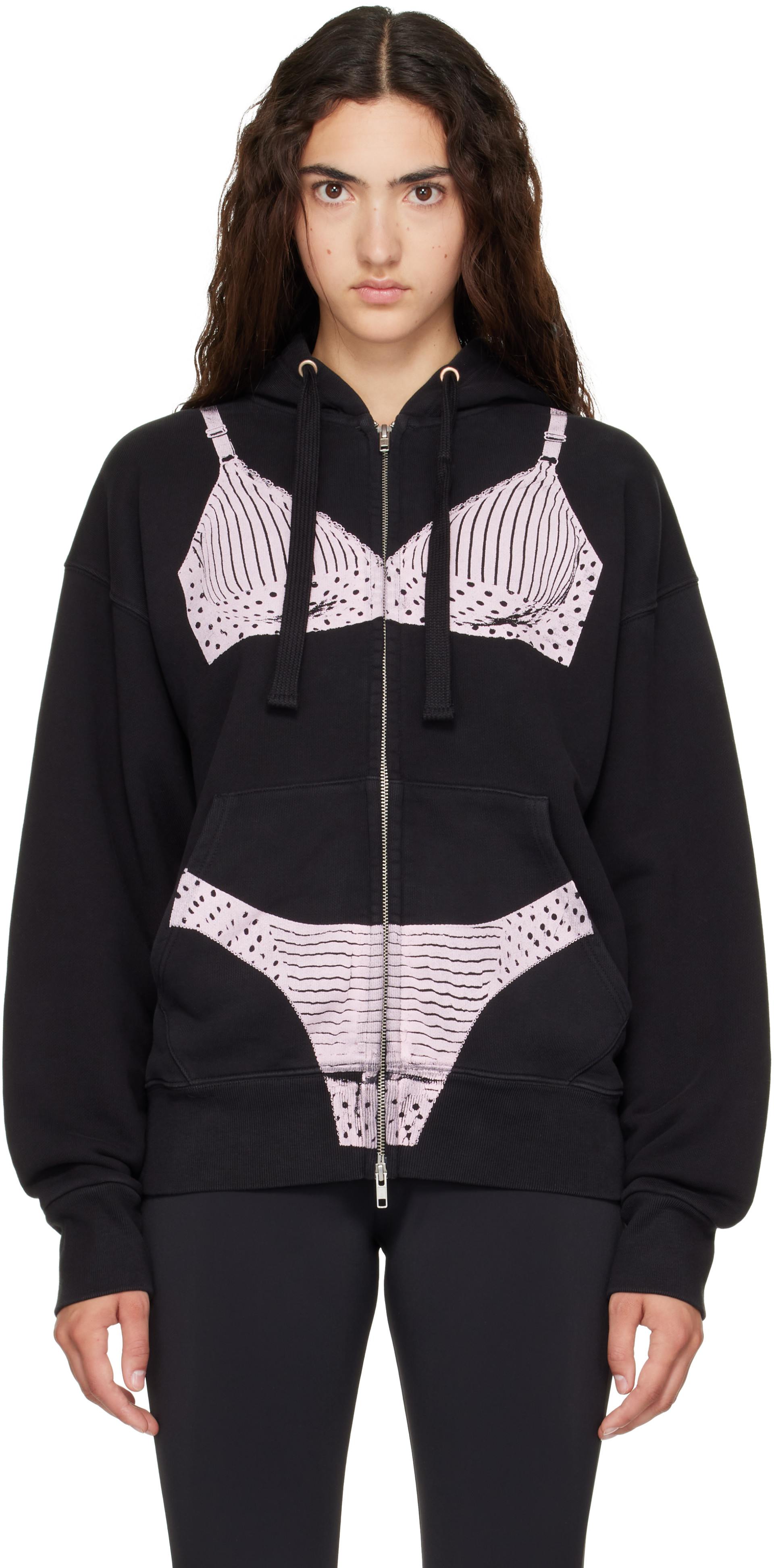 VAQUERA - Pull à capuche noir à images trompe l'œil
