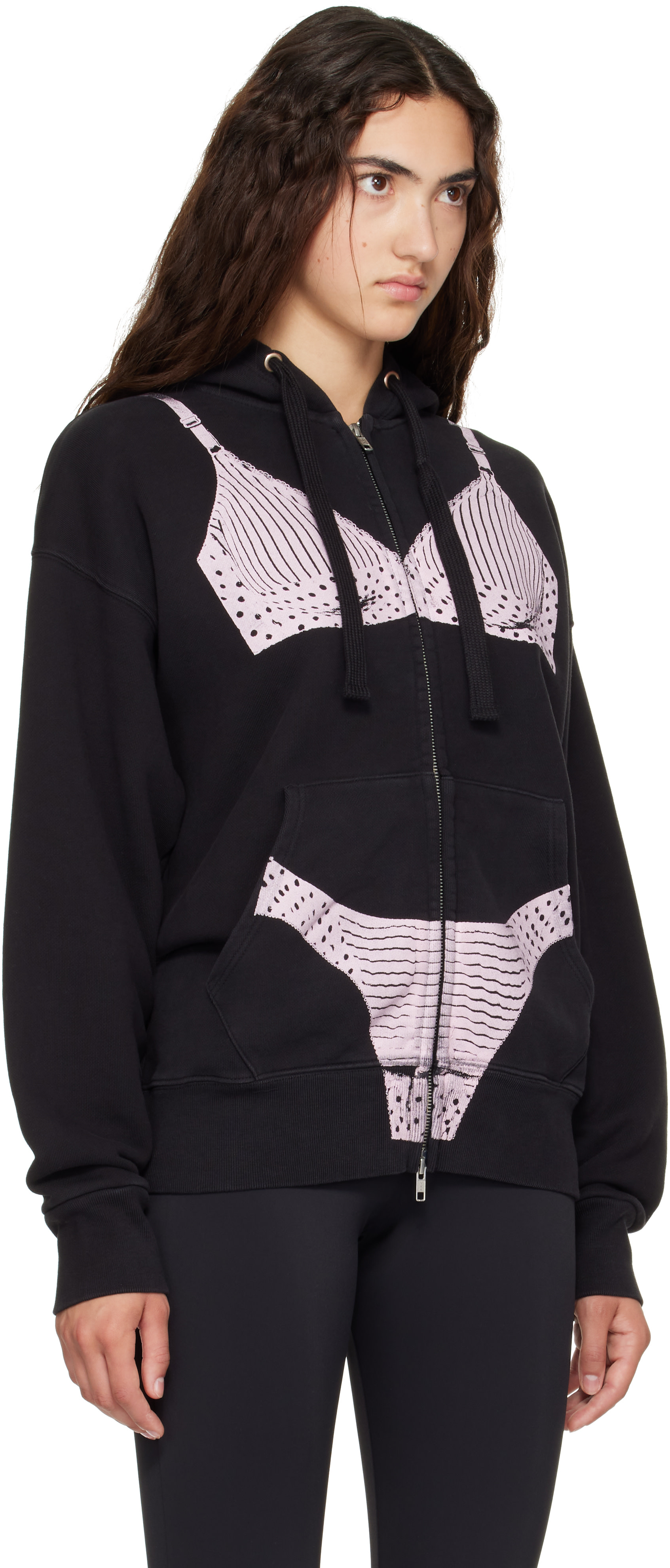 VAQUERA - Pull à capuche noir à images trompe l'œil