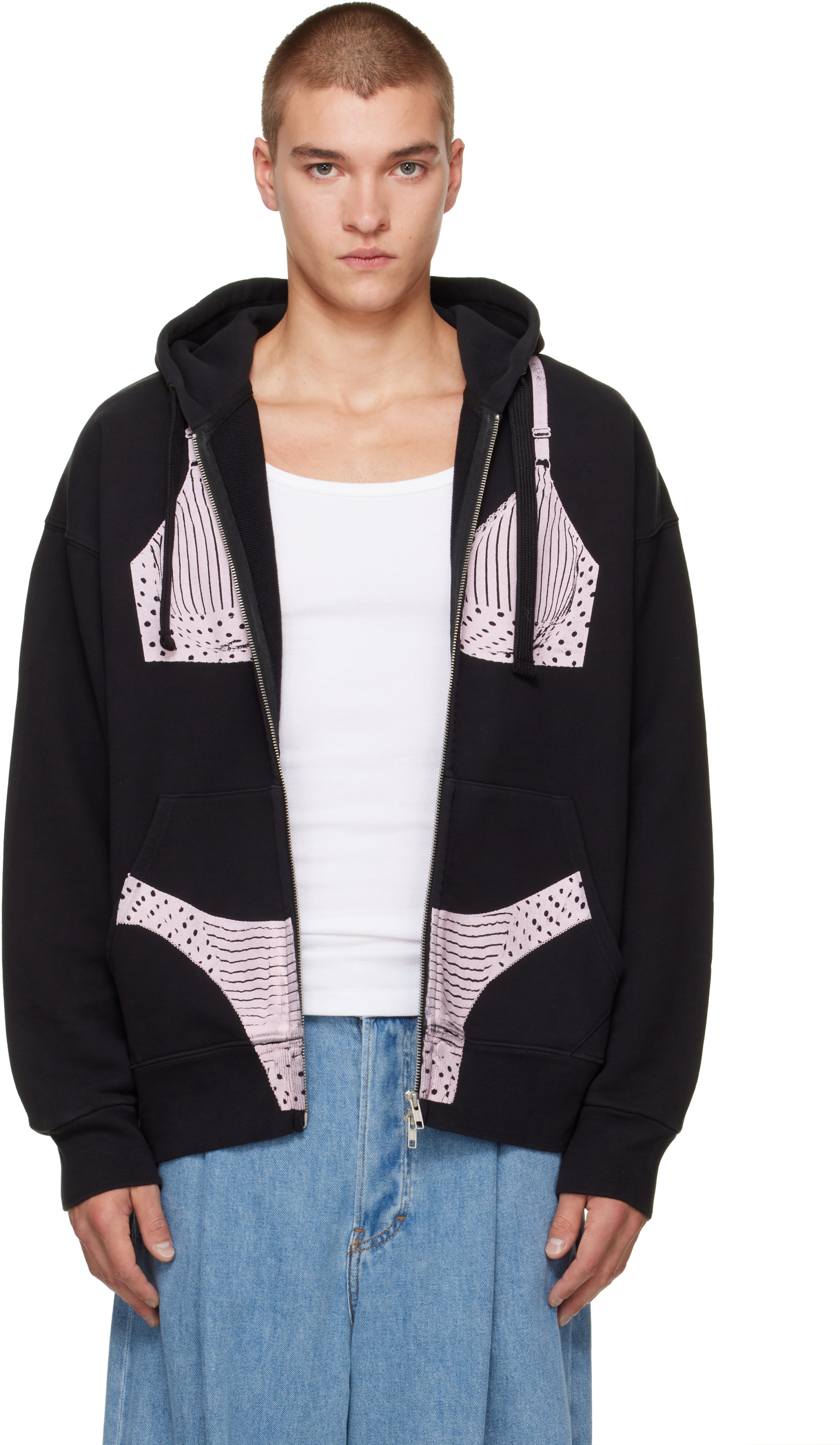 VAQUERA - Pull à capuche noir à image trompe l'œil