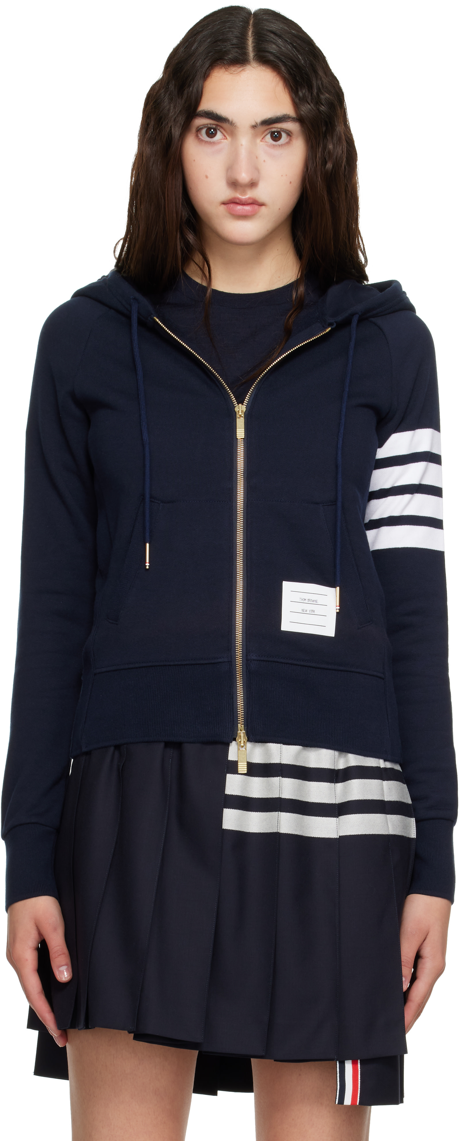 Thom browne レディース　パーカー Thom Browne: Navy Classic Loopback 4-Bar Zip Hoodie | SSENSE