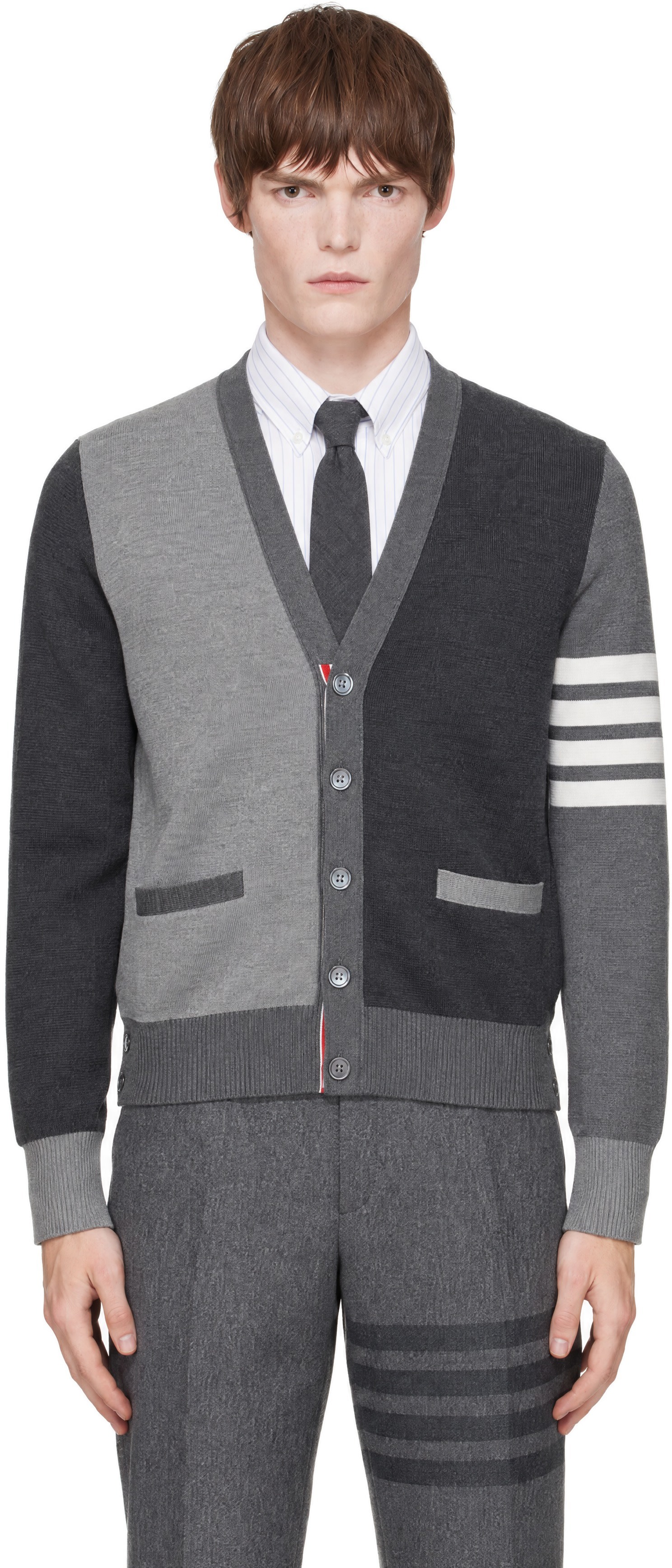 Thom Browne: Gray Funmix Cotton Crepe Milano Stitch 4-Bar Cardigan