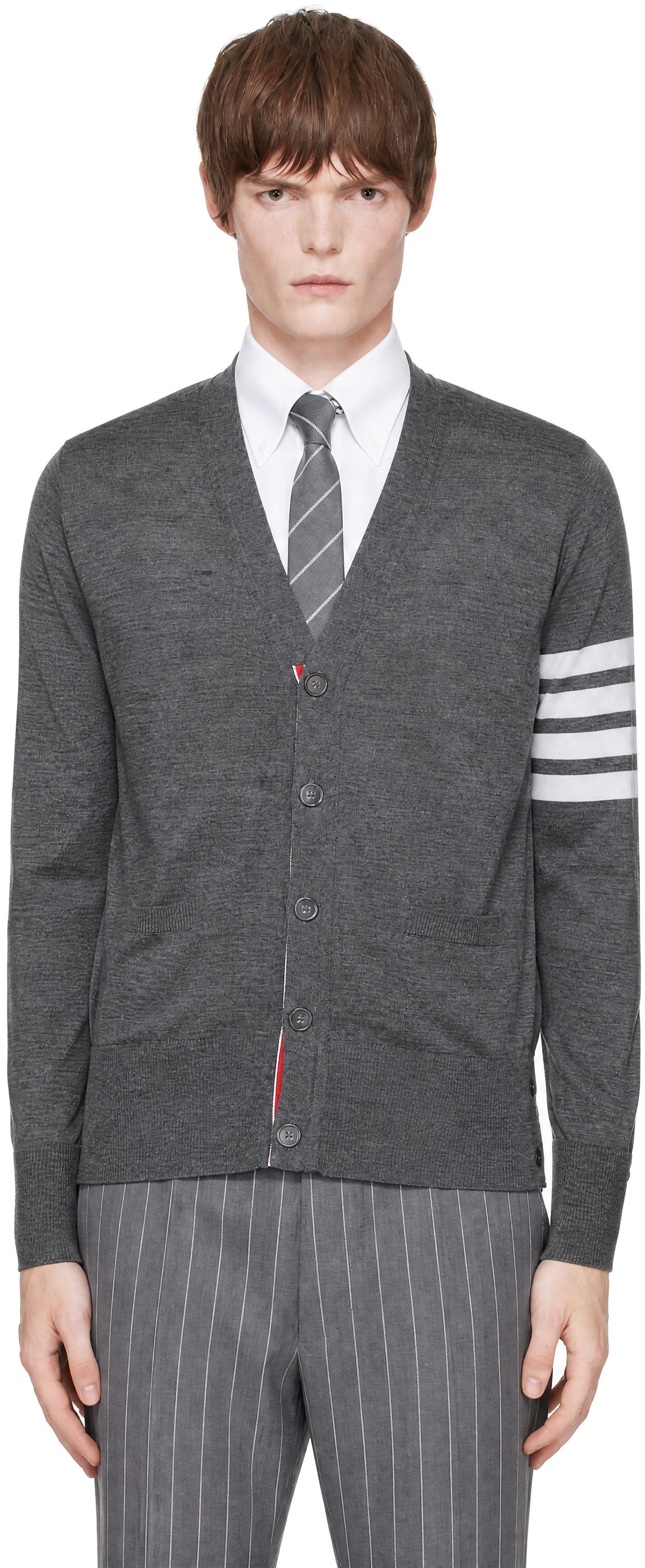THOM BROWNE グレー Vネック カーディガン サイズ4 Thom Browne: Gray Merino Wool 4-Bar Classic V-Neck Cardigan | SSENSE