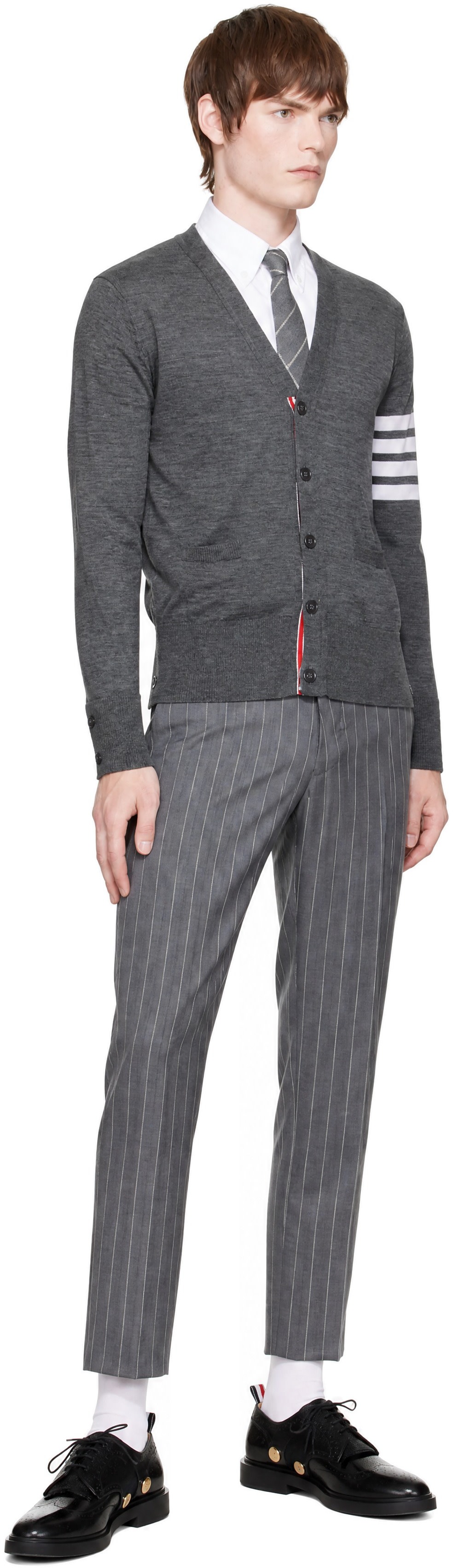 THOM BROWNE グレー カーディガン　サイズ4 Thom Browne: グレー 4-Bar メリノウール クラシック Vネック