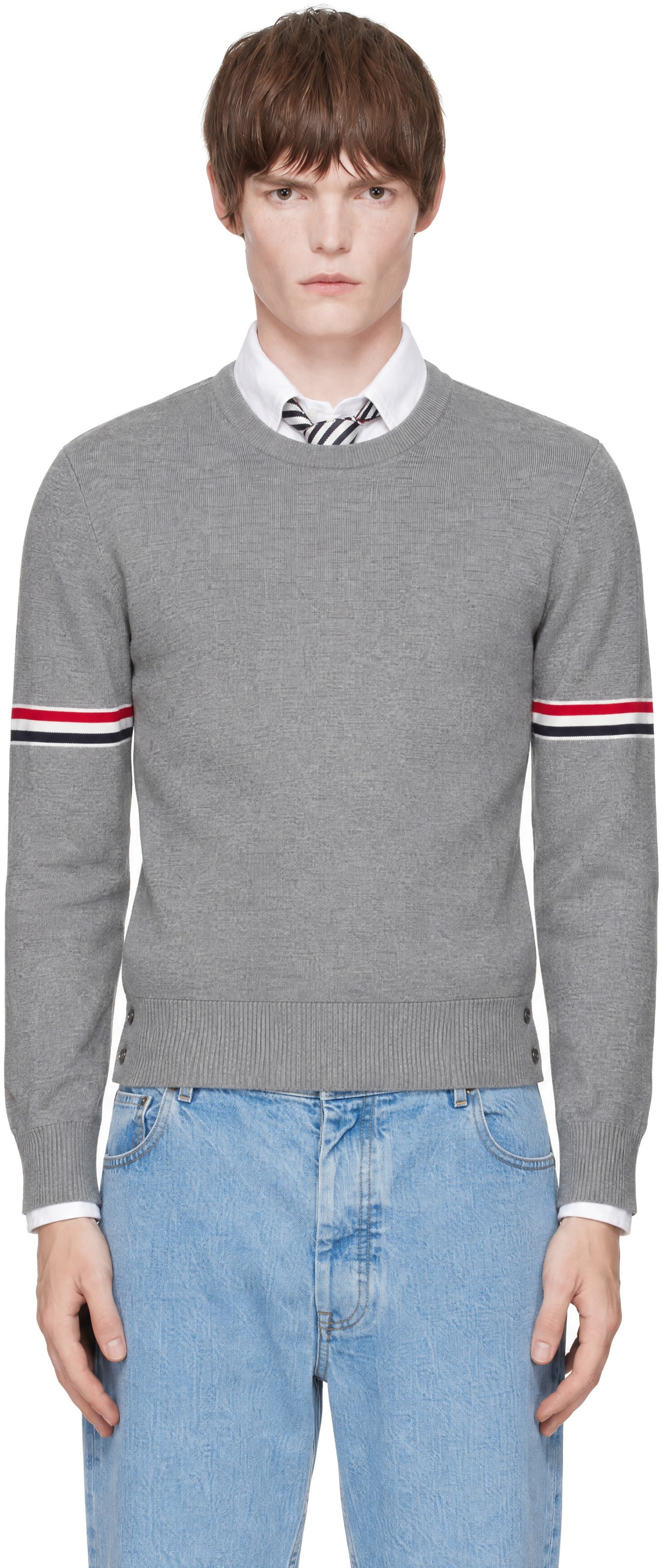 Thom Browne - Gray Milano Stitch Pullover RWB Armband Sweater