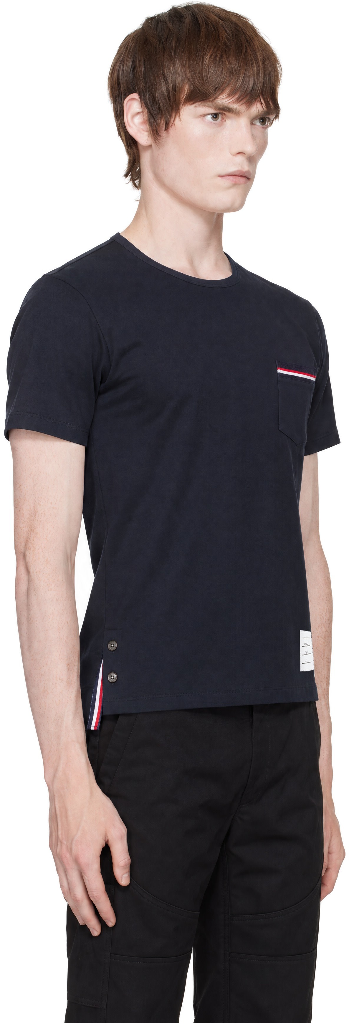 THOM BROWNE ポケットTシャツ ネイビー サイズ2 Thom Browne: Navy Jersey RWB Stripe Pocket T-shirt | SSENSE