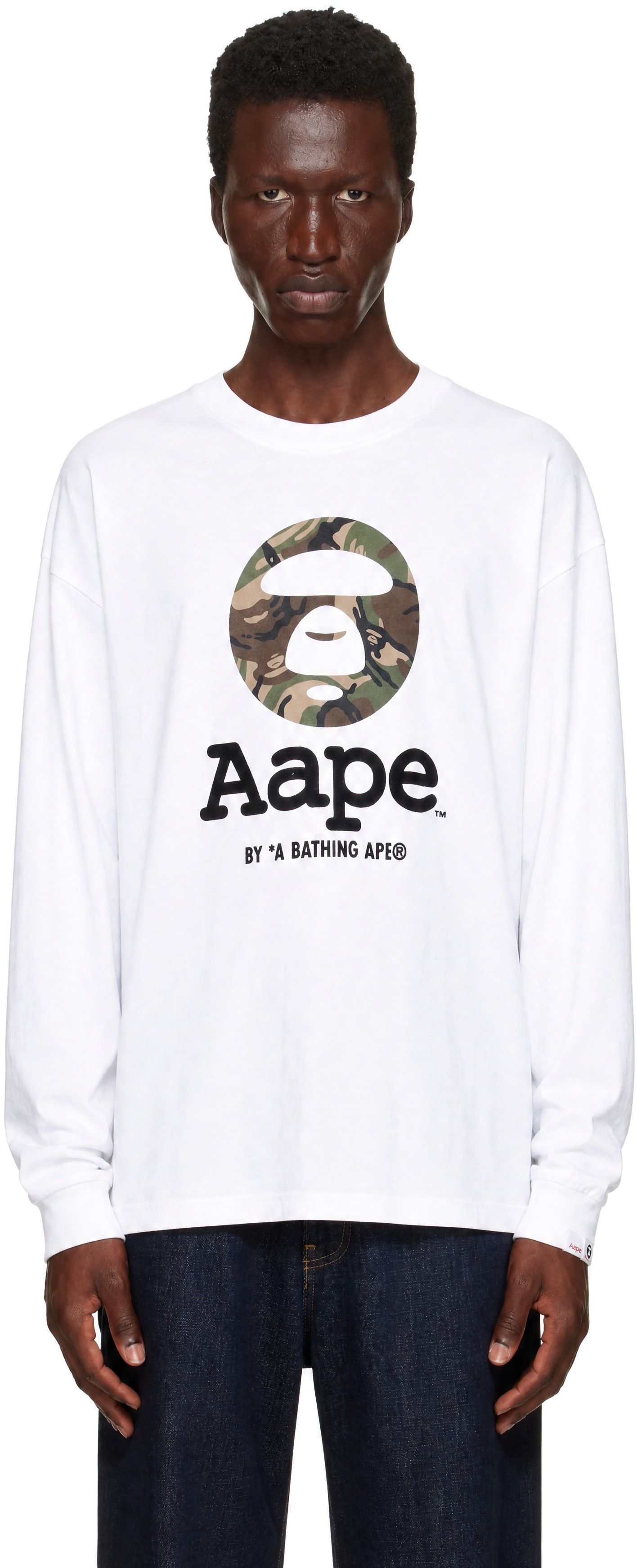 AAPE by A Bathing Ape: White 'AAPEUNVS' Moonface Long Sleeve T