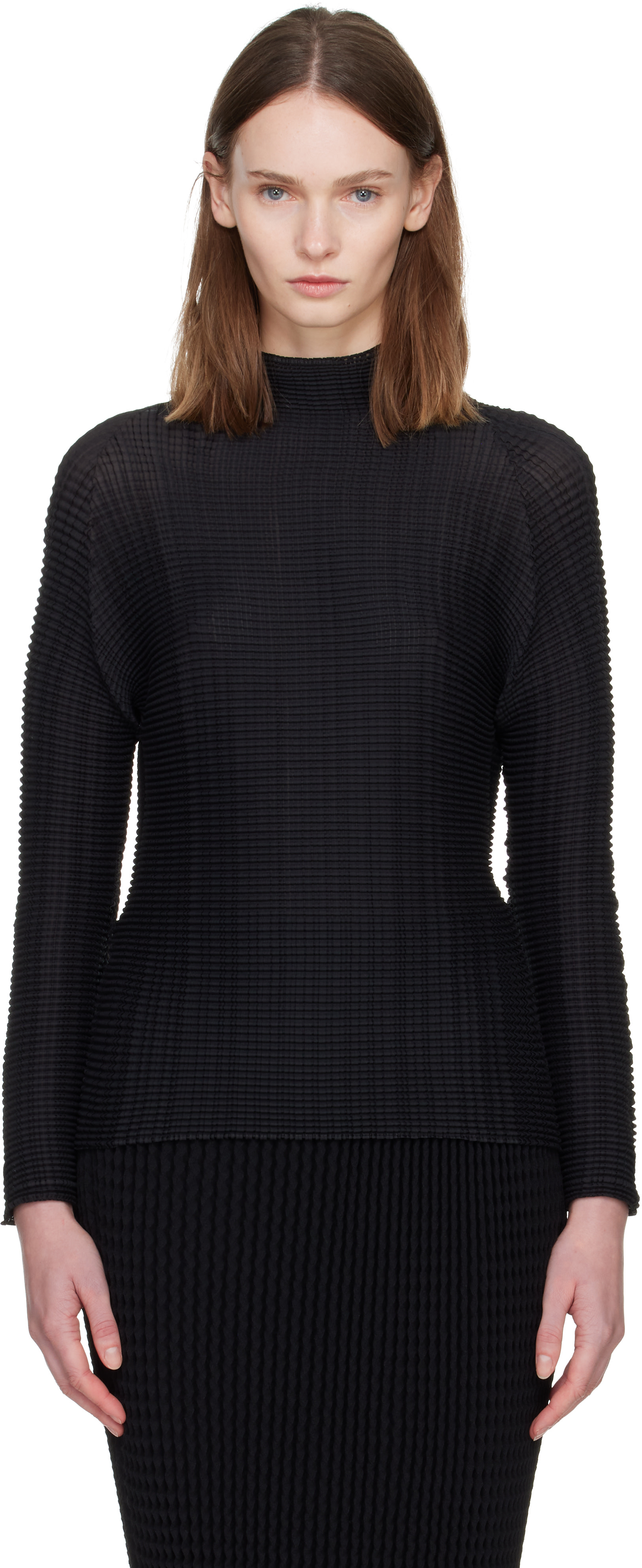 ISSEY MIYAKE★ウーリープリーツ　WOOLY PLEATS ブラック ISSEY MIYAKE: Black Wooly Pleats Top | SSENSE