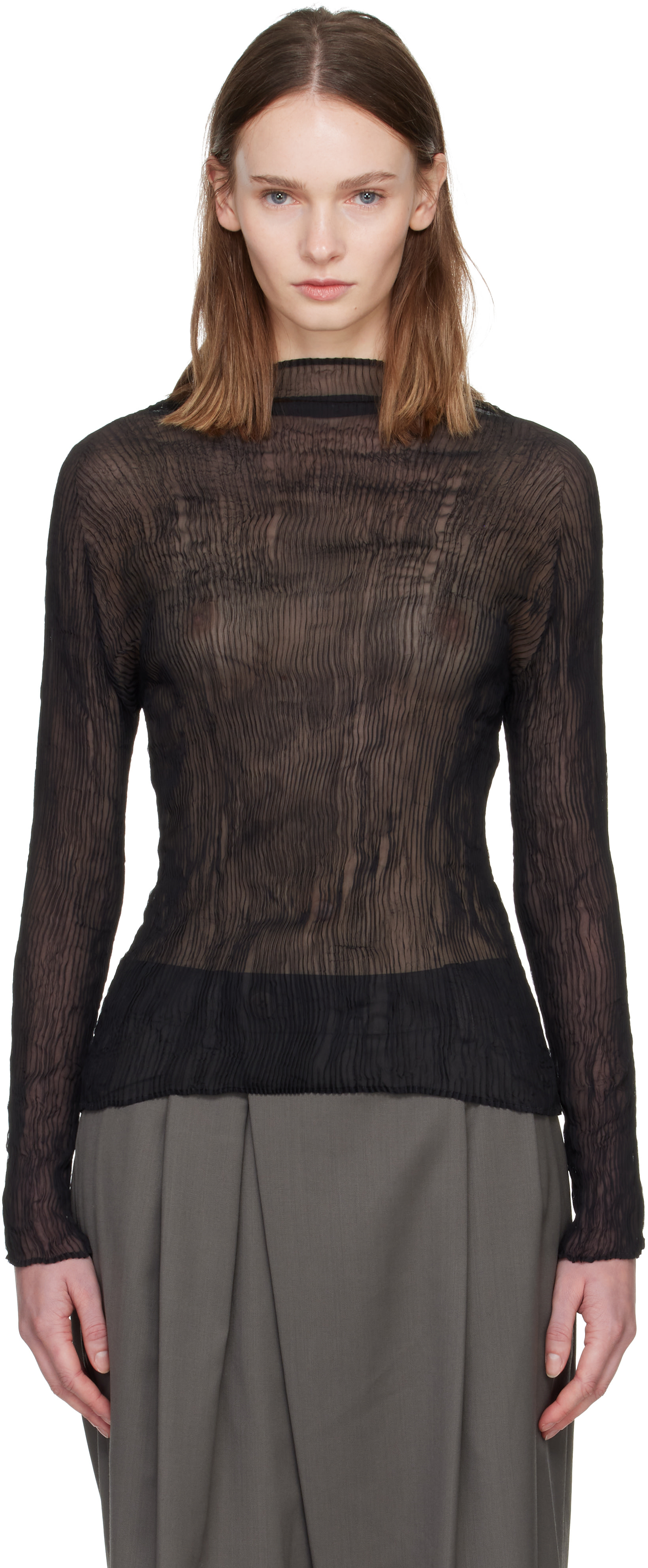 ISSEY MIYAKE シアートップス ISSEY MIYAKE: Black Chiffon Twist Top | SSENSE Canada