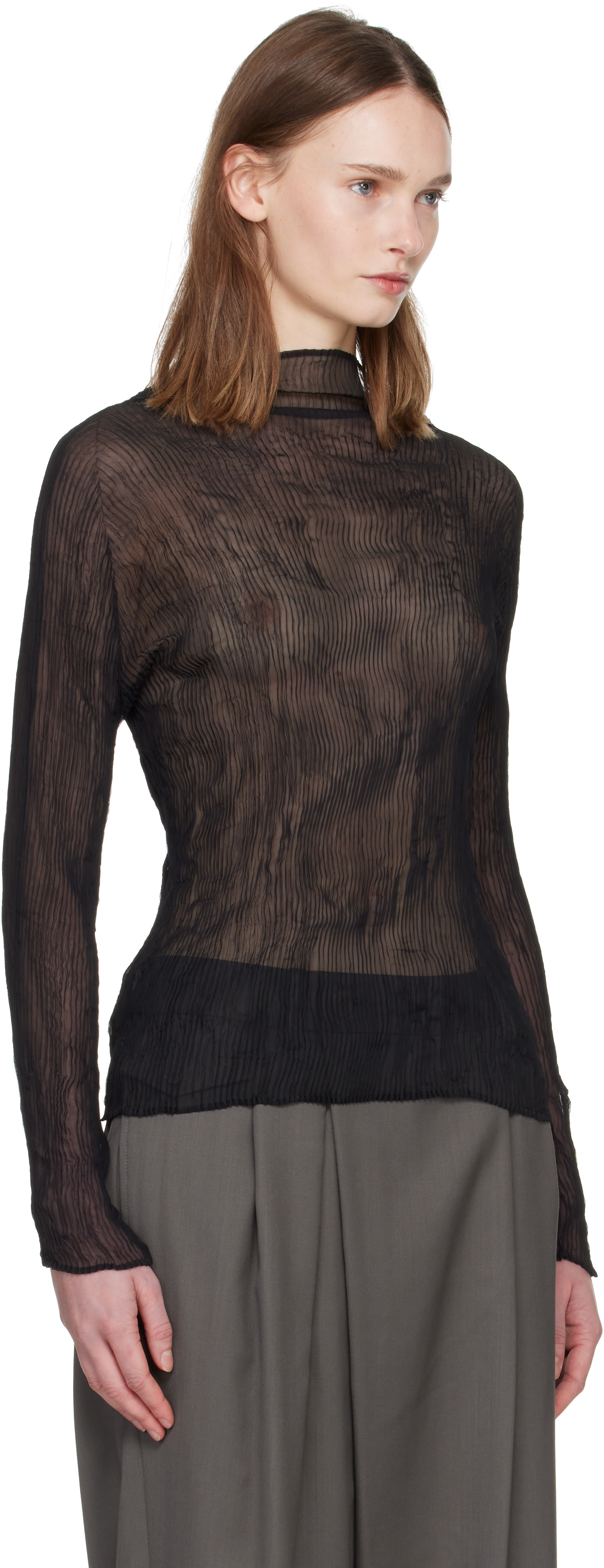 ISSEY MIYAKE: Black Chiffon Twist Top | SSENSE Canada