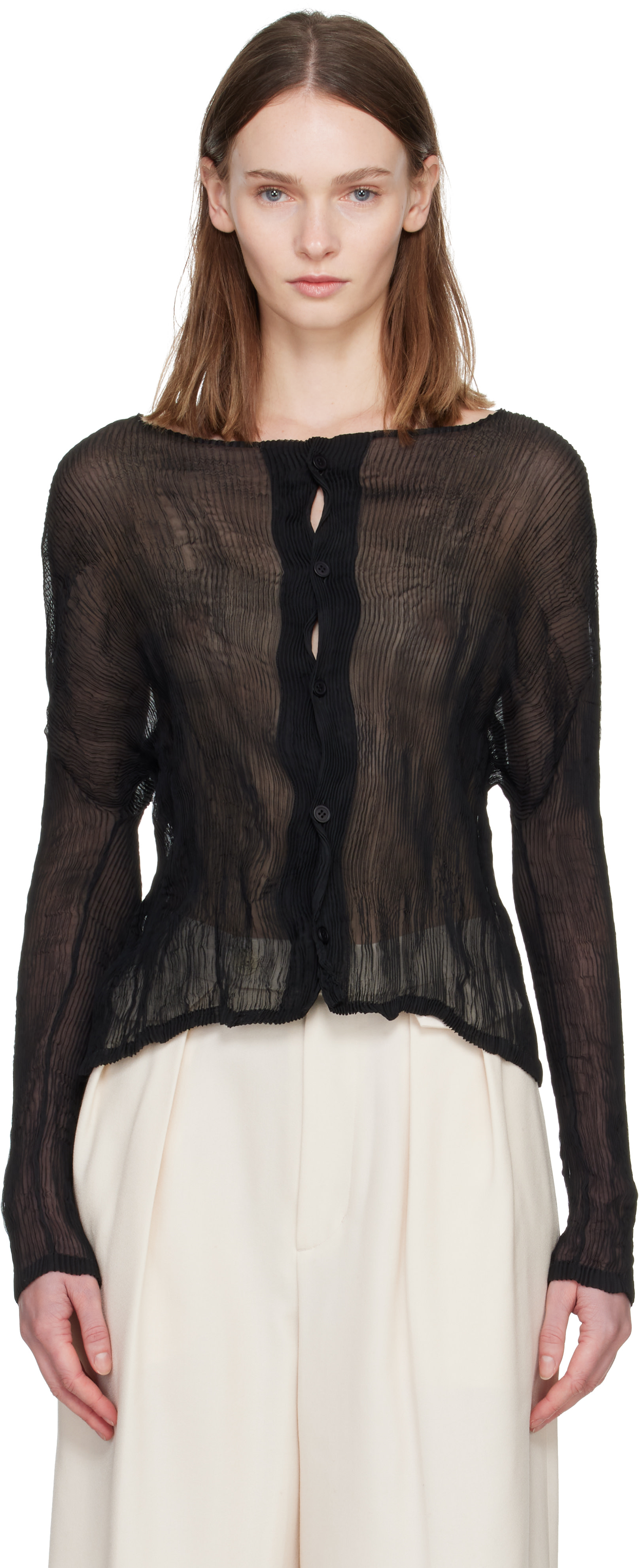 ISSEY MIYAKE: Black Chiffon Twist Shirt | SSENSE Canada