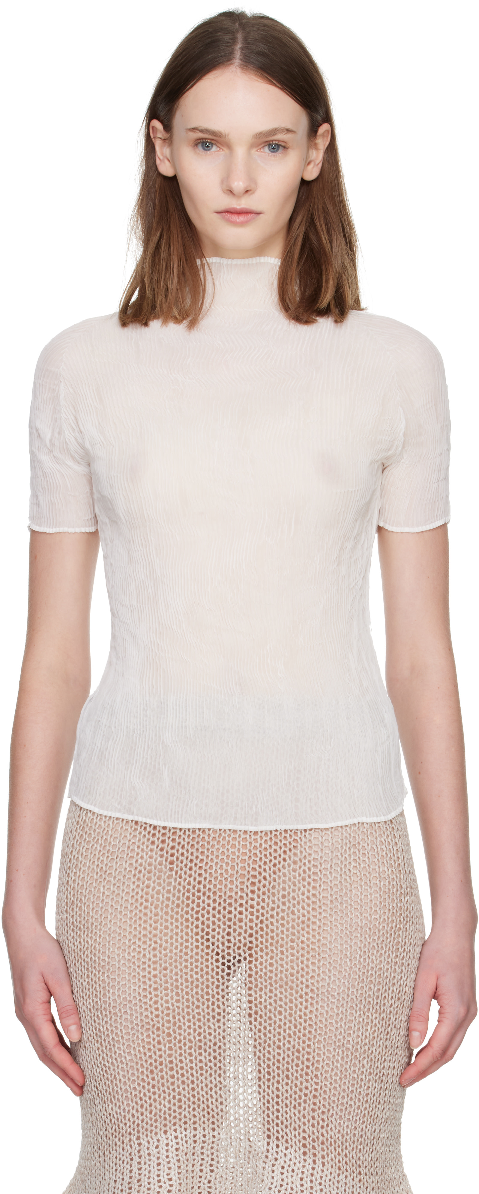 ISSEY MIYAKE: White Chiffon Twist Top | SSENSE