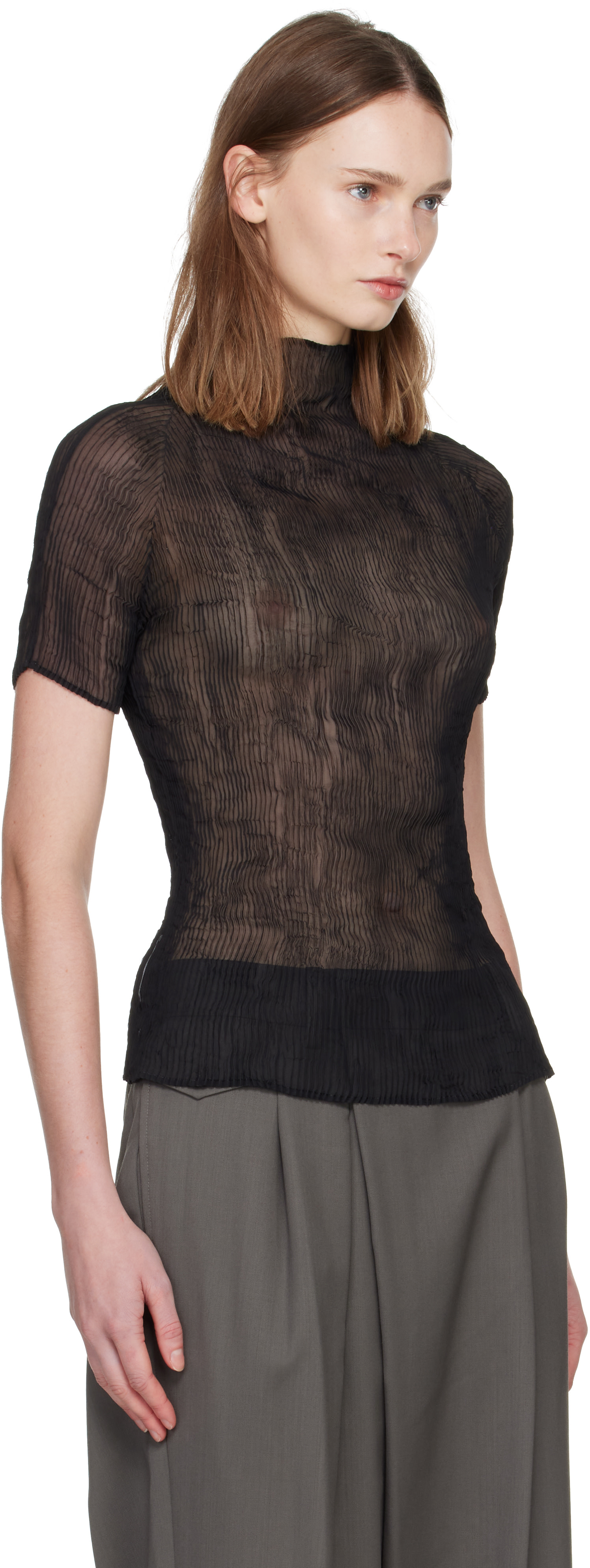 ISSEY MIYAKE: Black Chiffon Twist Top | SSENSE
