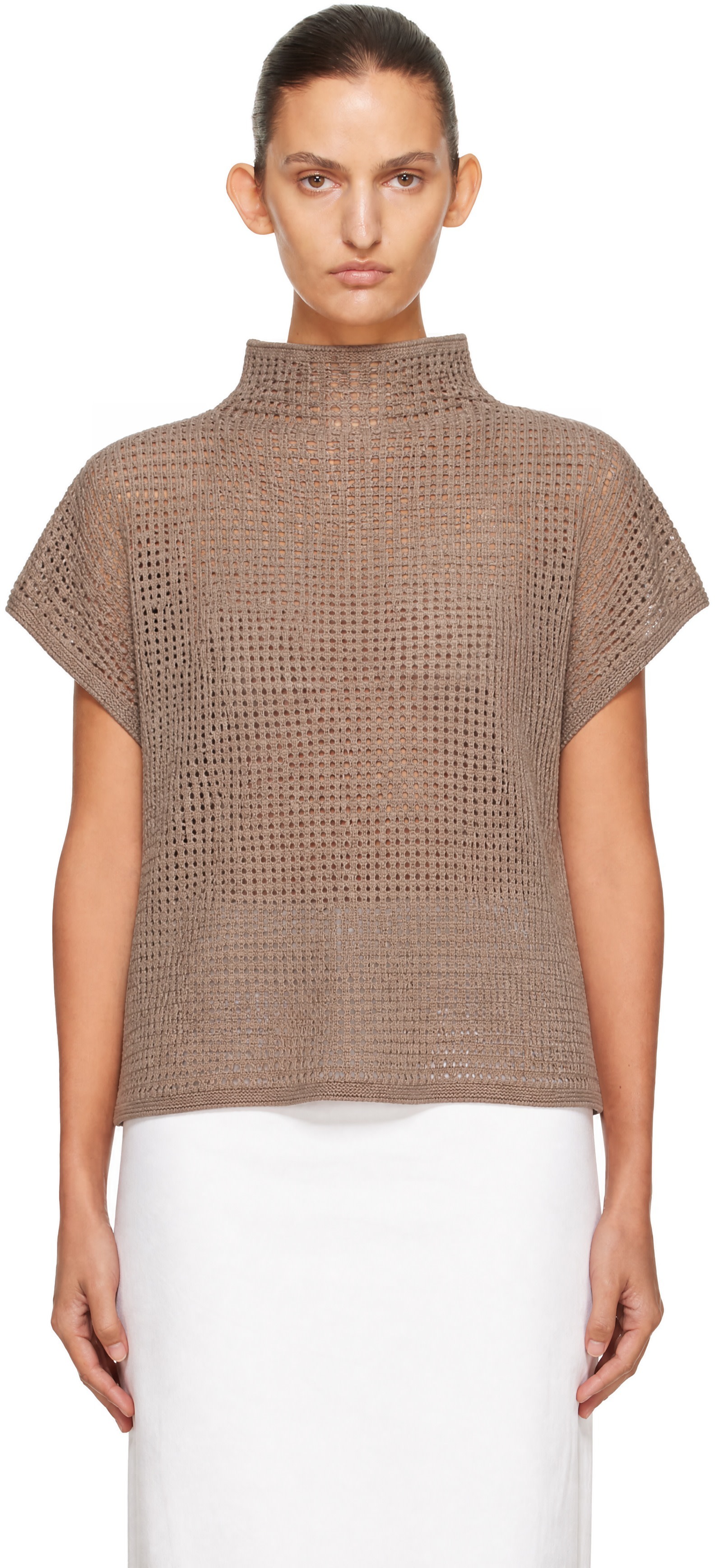 [294]PLEATS PLEASE ノースリーブ サマーニット イッセイミヤケ PLEATS PLEASE ISSEY MIYAKE: Taupe Dot Knit Top | SSENSE