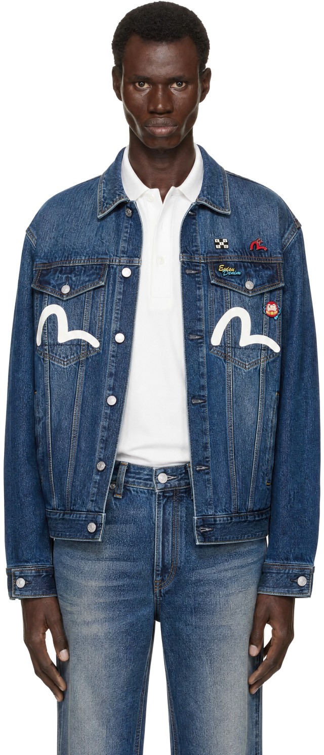 Evisu: Navy Inari Mask Printed Denim Jacket | SSENSE