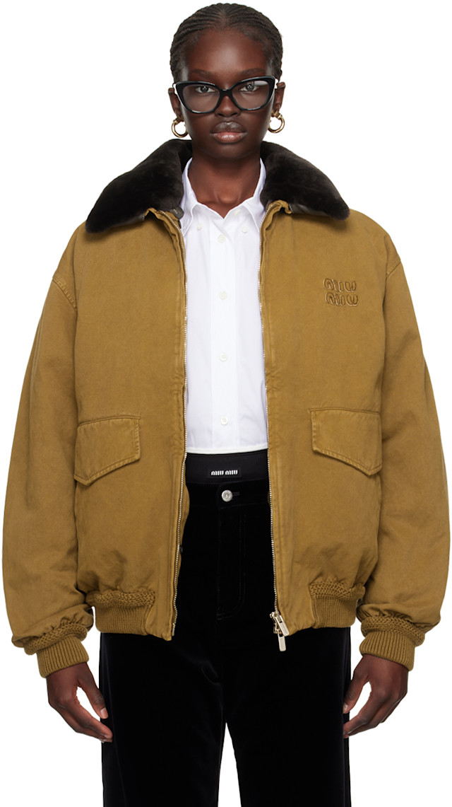 Miu Miu: Tan Oversized Down Jacket | SSENSE Canada