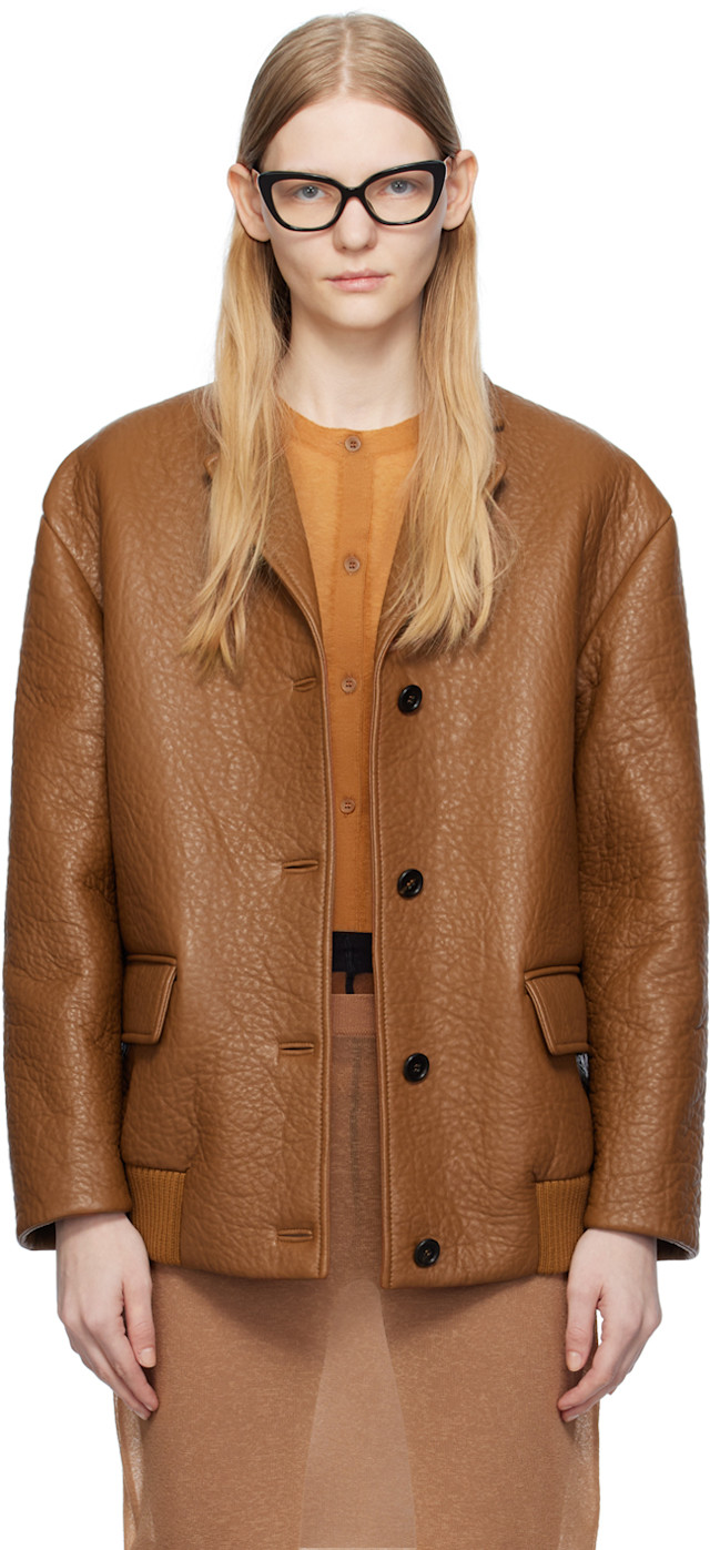 Miu Miu: Tan Notched Leather Jacket | SSENSE Canada