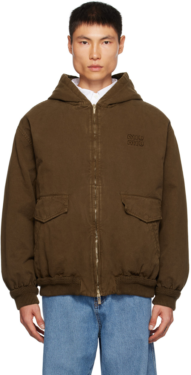 Miu Miu: Brown Hooded Down Jacket | SSENSE Canada