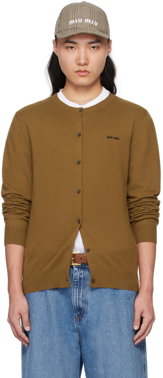 Miu Miu: Brown Jacquard Cardigan | SSENSE Canada