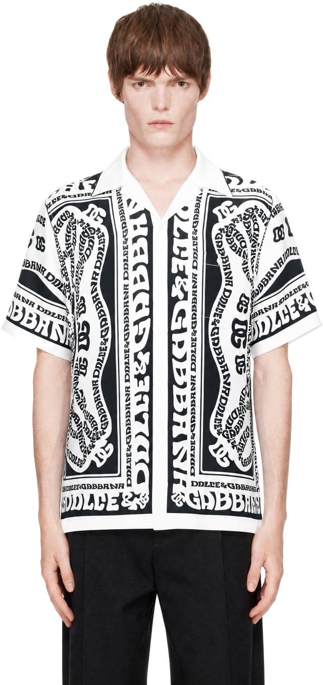 Dolce&Gabbana: White & Navy Marina-Print Silk Shirt | SSENSE