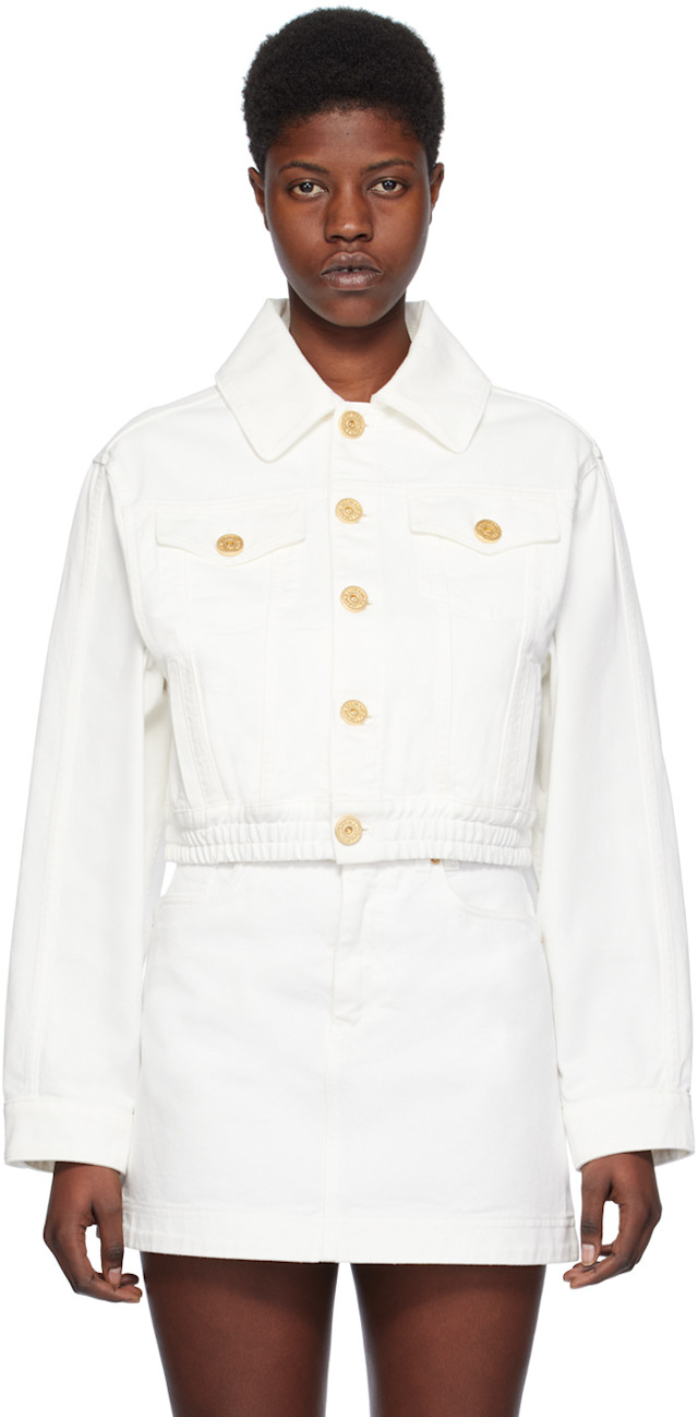 BALMAIN: White Cropped Denim Jacket | SSENSE