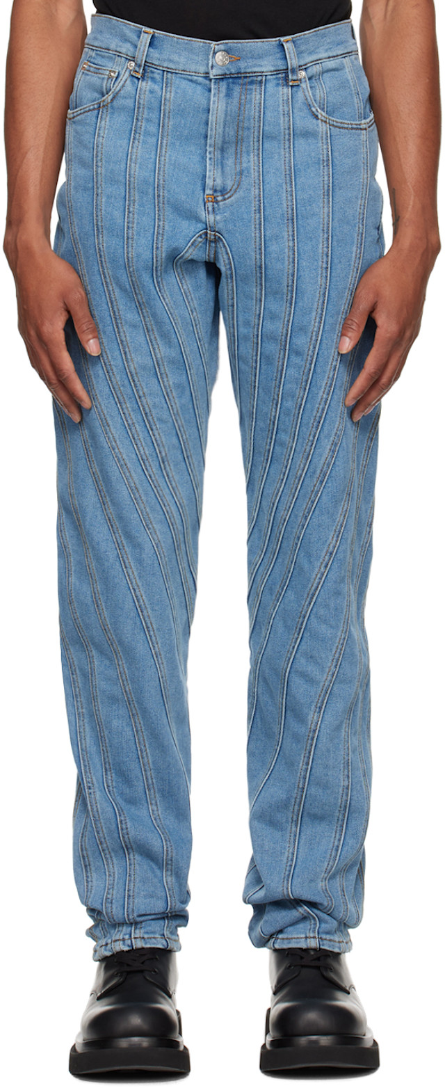 Mugler: Blue Spiral Jeans | SSENSE