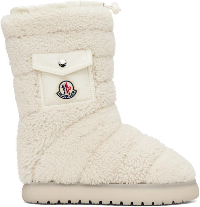 Moncler: White Gaia Pocket Mid Shearling Boots | SSENSE Canada