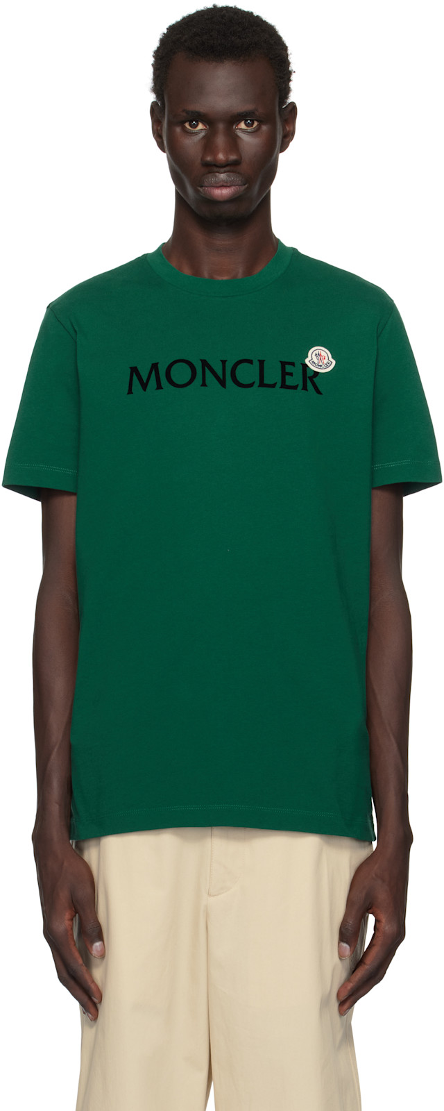 Moncler: Green Flocked Logo T-shirt | SSENSE