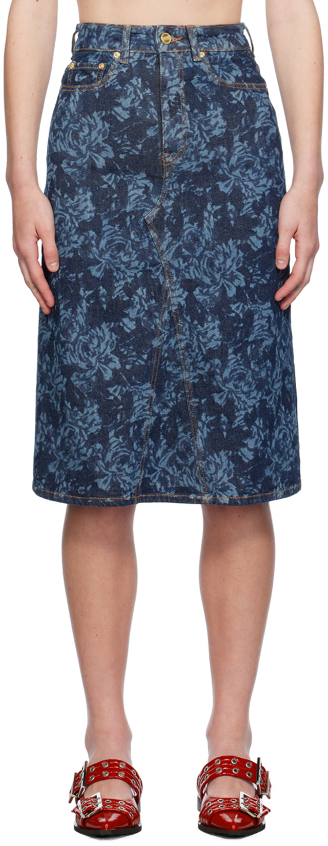 GANNI: Blue Lazer Denim Midi Skirt | SSENSE