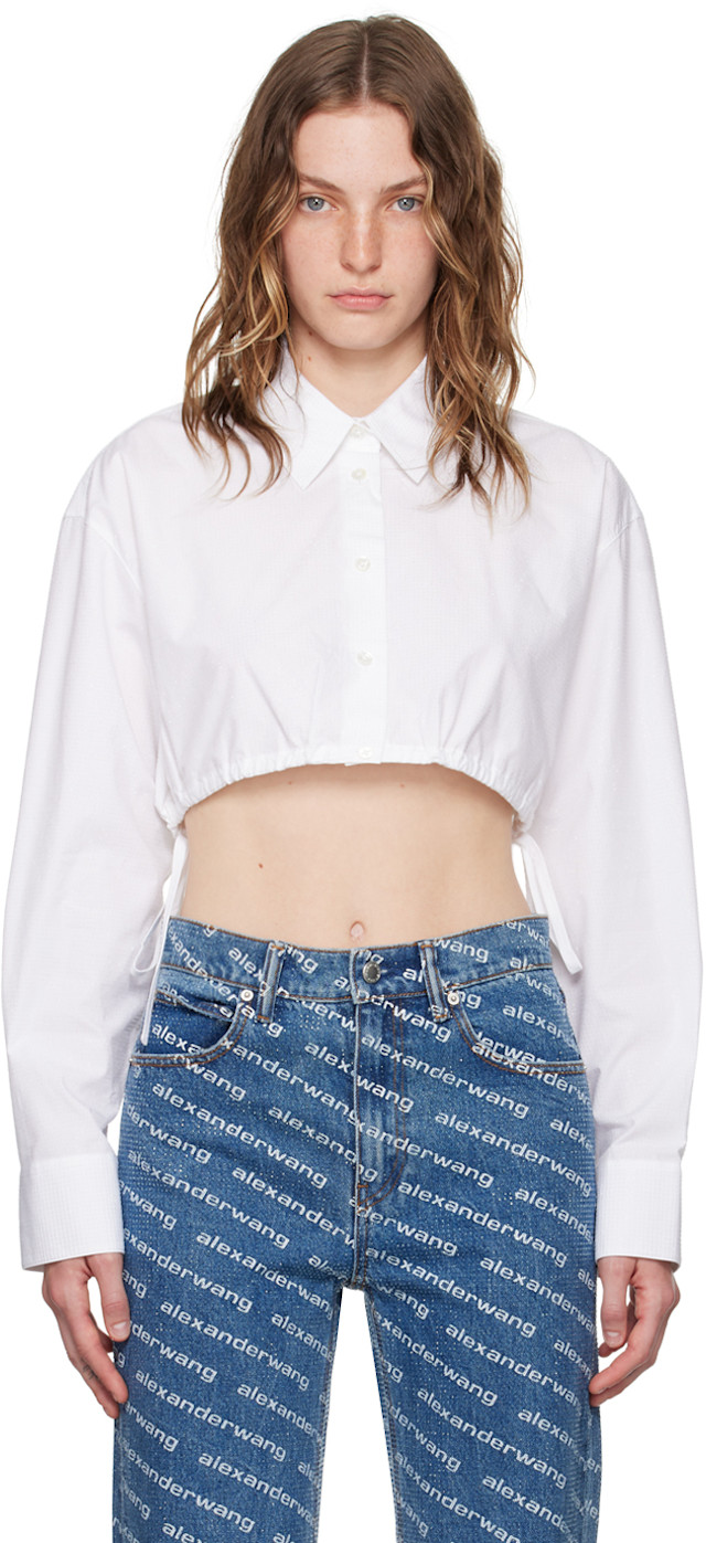 【alexanderwang】アレキサンダーワン クロップド ワイシャツ 白 Alexander Wang: ホワイト クロップド ドローストリング シャツ