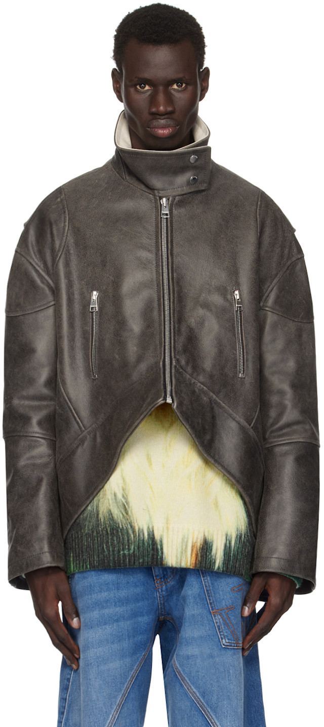 ジェイダブリューアンダーソン レザー JW Anderson: グレー カーブドヘム ハイネック レザージャケット