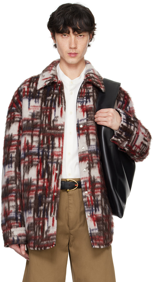 Bottega Veneta: White & Red Alpaca Check Overshirt | SSENSE