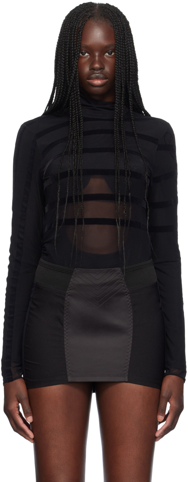 Jean Paul Gaultier: Black 'The Striped Flocked' Bodysuit | SSENSE