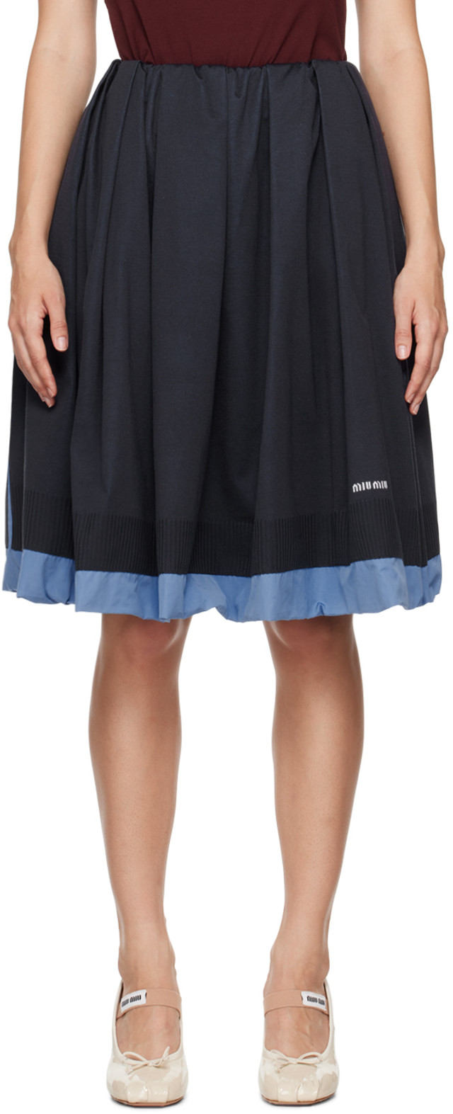 Miu Miu: Navy & Blue Silk Gathered Midi Skirt | SSENSE Canada