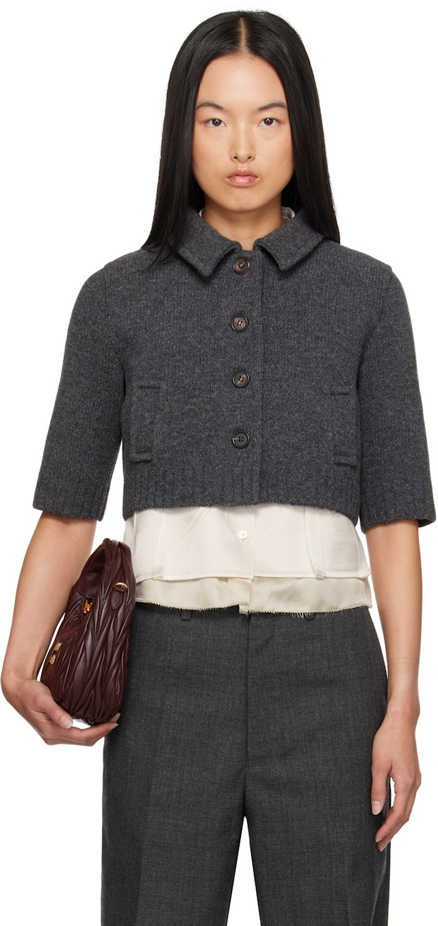 Miu Miu: Gray Cropped Wool Cardigan | SSENSE Canada