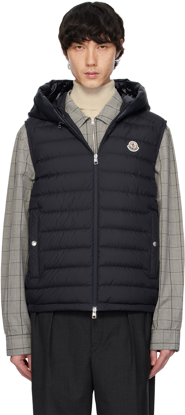 Moncler: Navy Bourget Hooded Down Vest | SSENSE