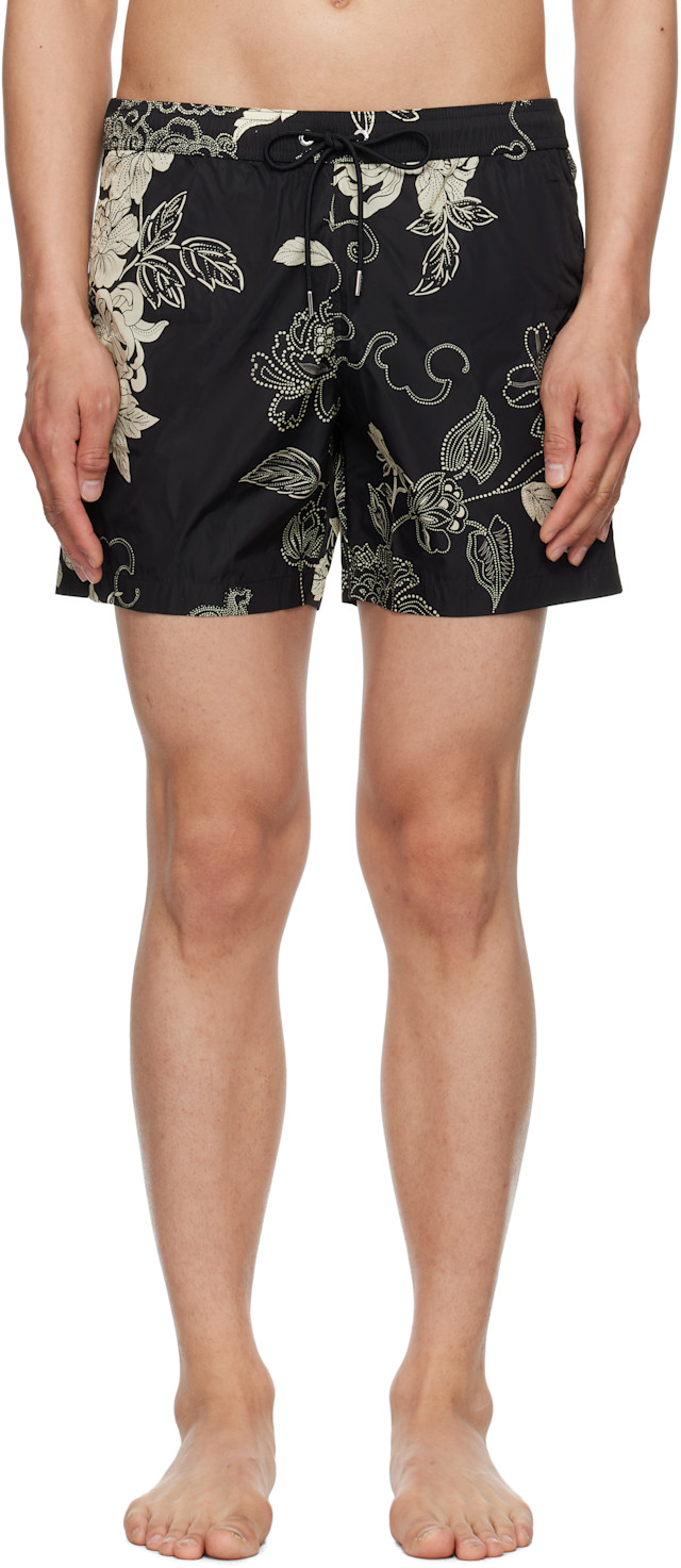 Moncler: Black Floral Print Swim Shorts | SSENSE
