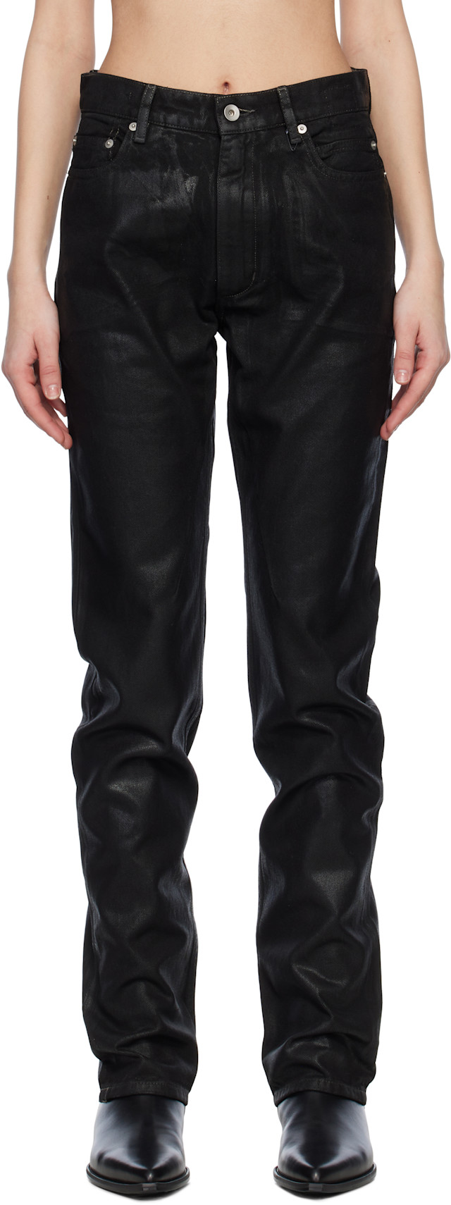 RICK OWENS DRKSHDW コーティング　スキニー　25 Rick Owens DRKSHDW: Black Hollywood Granbury Jeans | SSENSE