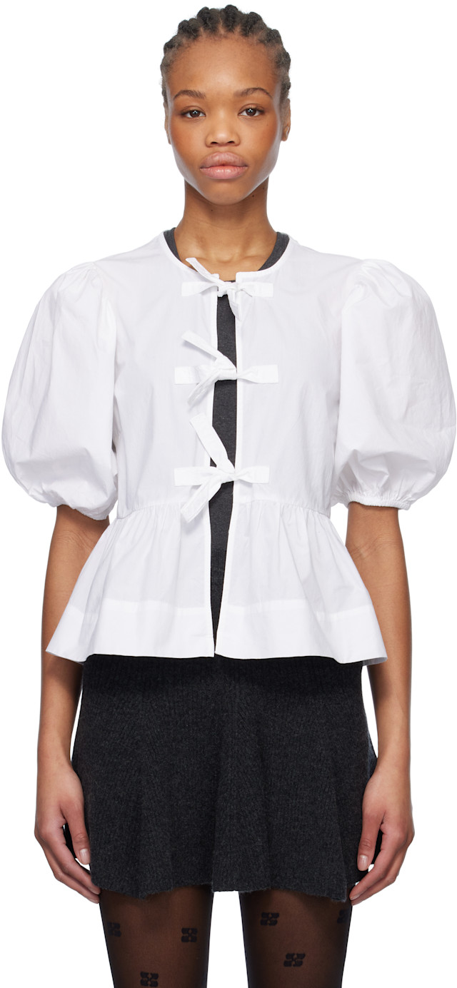 GANNI: White Cotton Poplin Peplum Tie Blouse | SSENSE