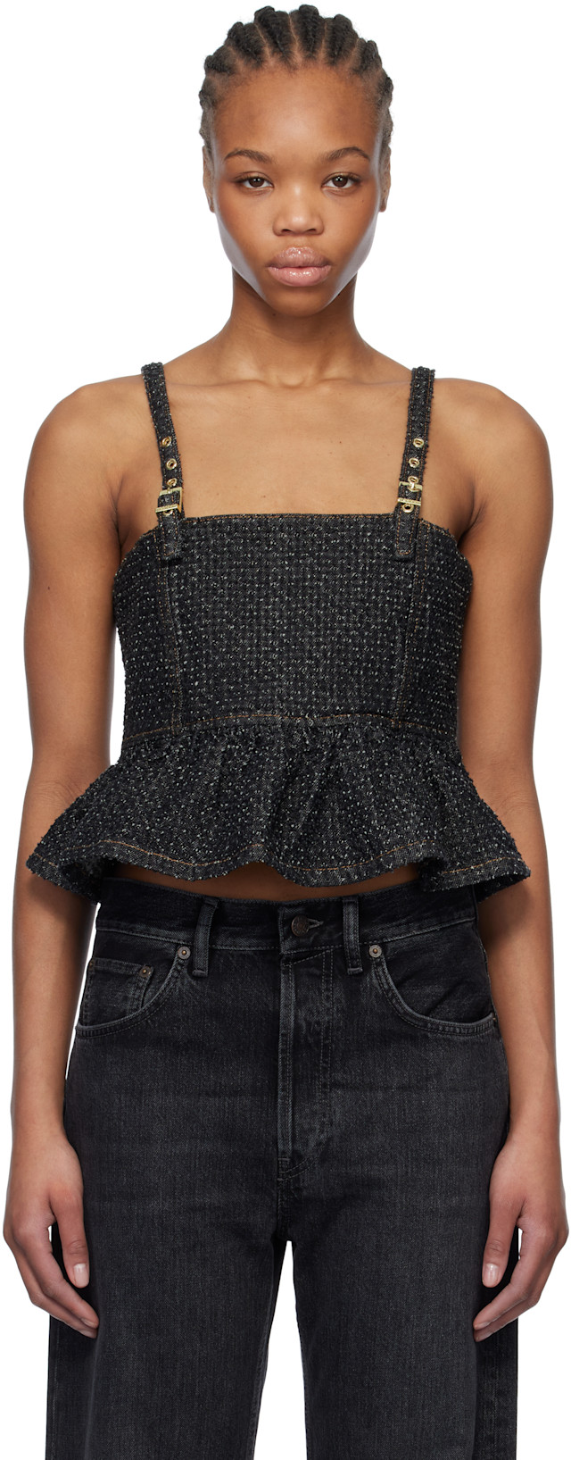 GANNI: Black Fluffy Denim Strap Top | SSENSE