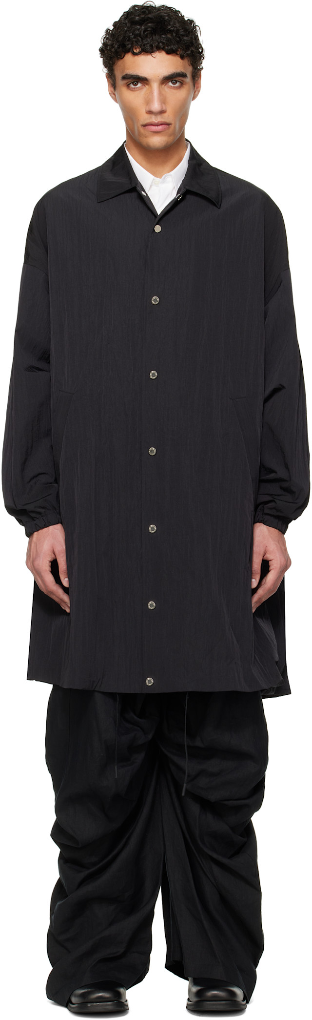 FUMITO GANRYU: Black Long Coach Coat | SSENSE Canada