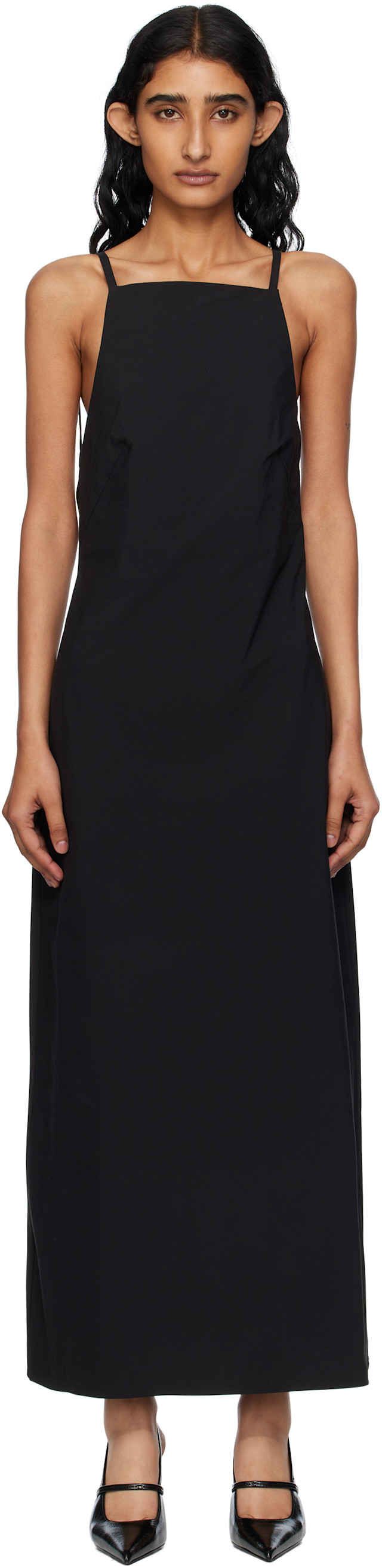 navy blue dress for baby girl Pinstripe Silk Maxi Dress in Black main image 1