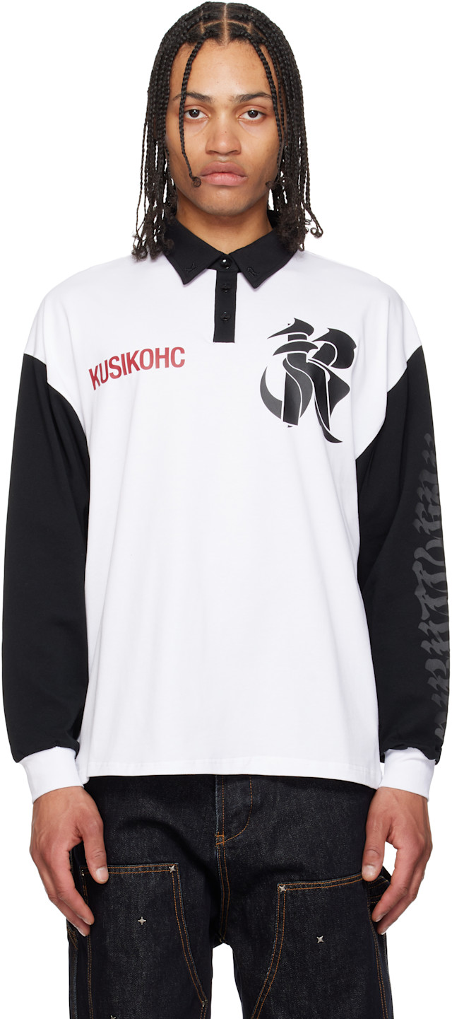 KUSIKOHC: White & Black Rugby Long Sleeve Polo | SSENSE Canada