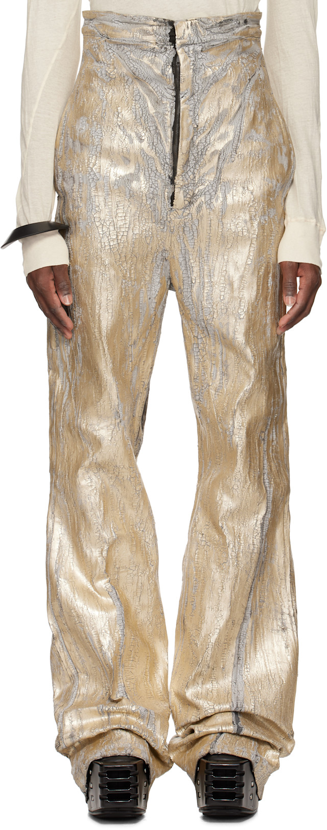 Rick Owens: Gold Hollywood Bolan Megacrust Jeans | SSENSE