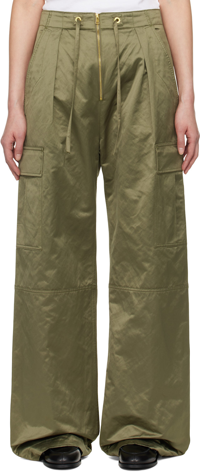 AMI Paris: Khaki Cotton Satin Zipped Cargo Trousers | SSENSE