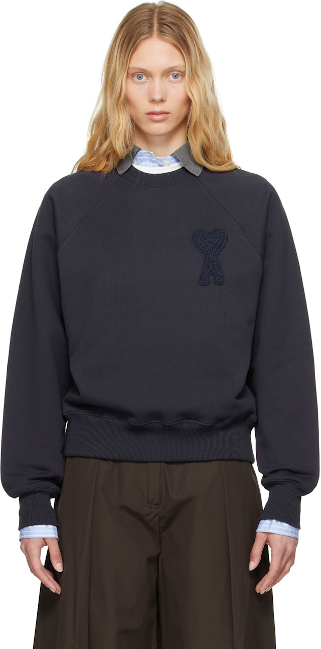 AMI Paris: ネイビー Ami de Coeur Patch コットン スウェットシャツ