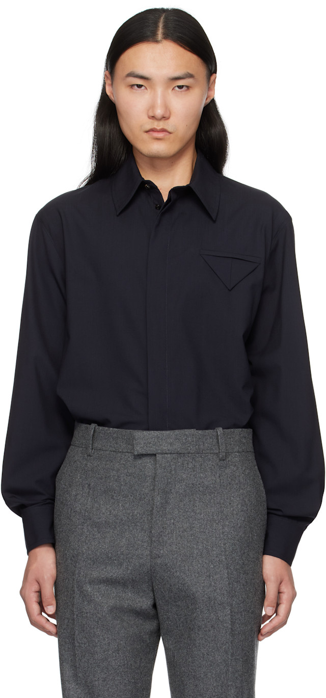 【梅ちゃん】BOTTEGA VENETA オーバーサイズシャツ Bottega Veneta: Navy Fine Wool Shirt | SSENSE