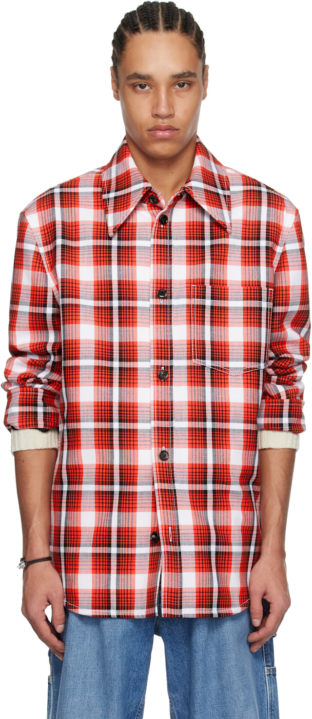 Bottega Veneta: Red & White Structured Cotton Check Jacket | SSENSE