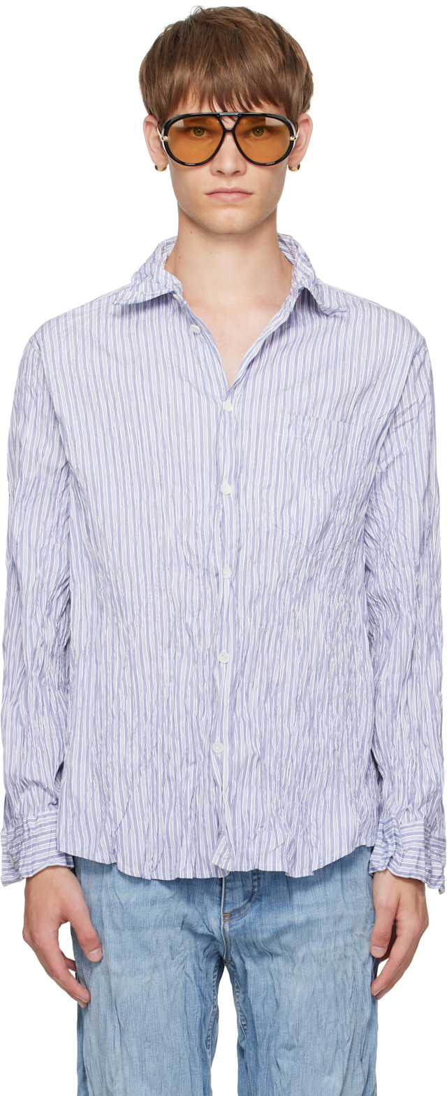 Bottega Veneta ストライプ半袖シャツ Bottega Veneta: White & Navy Crushed Cotton Striped Shirt | SSENSE