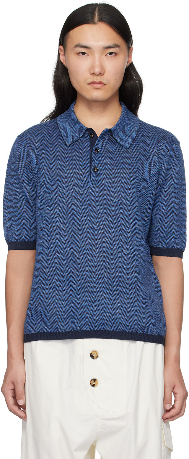 Bottega Veneta チェック柄 ポロシャツ Bottega Veneta: Blue Linen Chevron Knit Polo | SSENSE